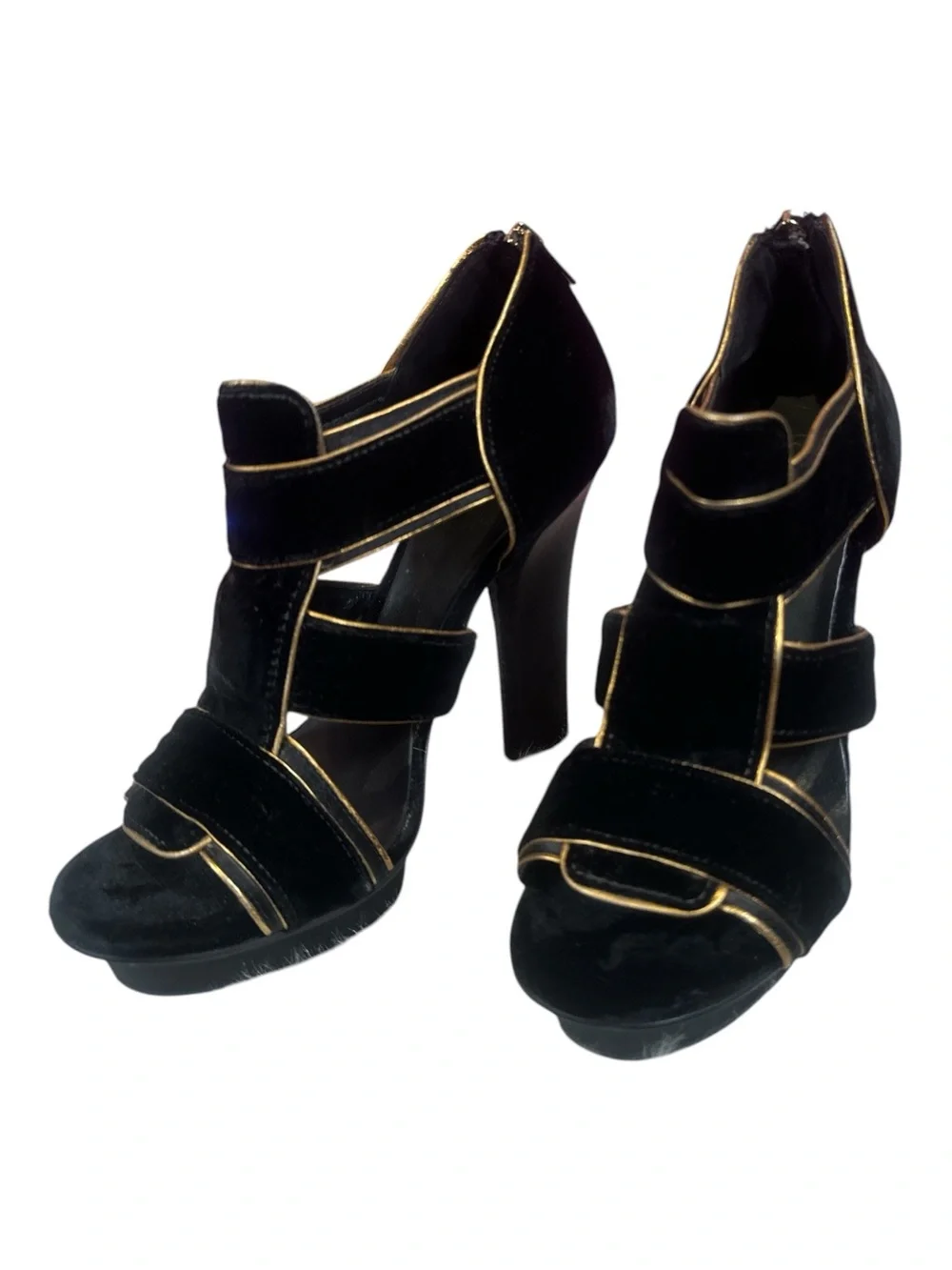 Tory Burch Carsonie Black Velvet Gold Piping Platform Heels Size 8